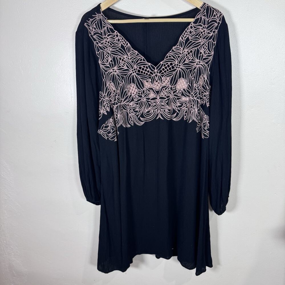 As U Wish Womens Plus Size Tunic Dress Embroidered Black Crinkle Boho Peasant 2X